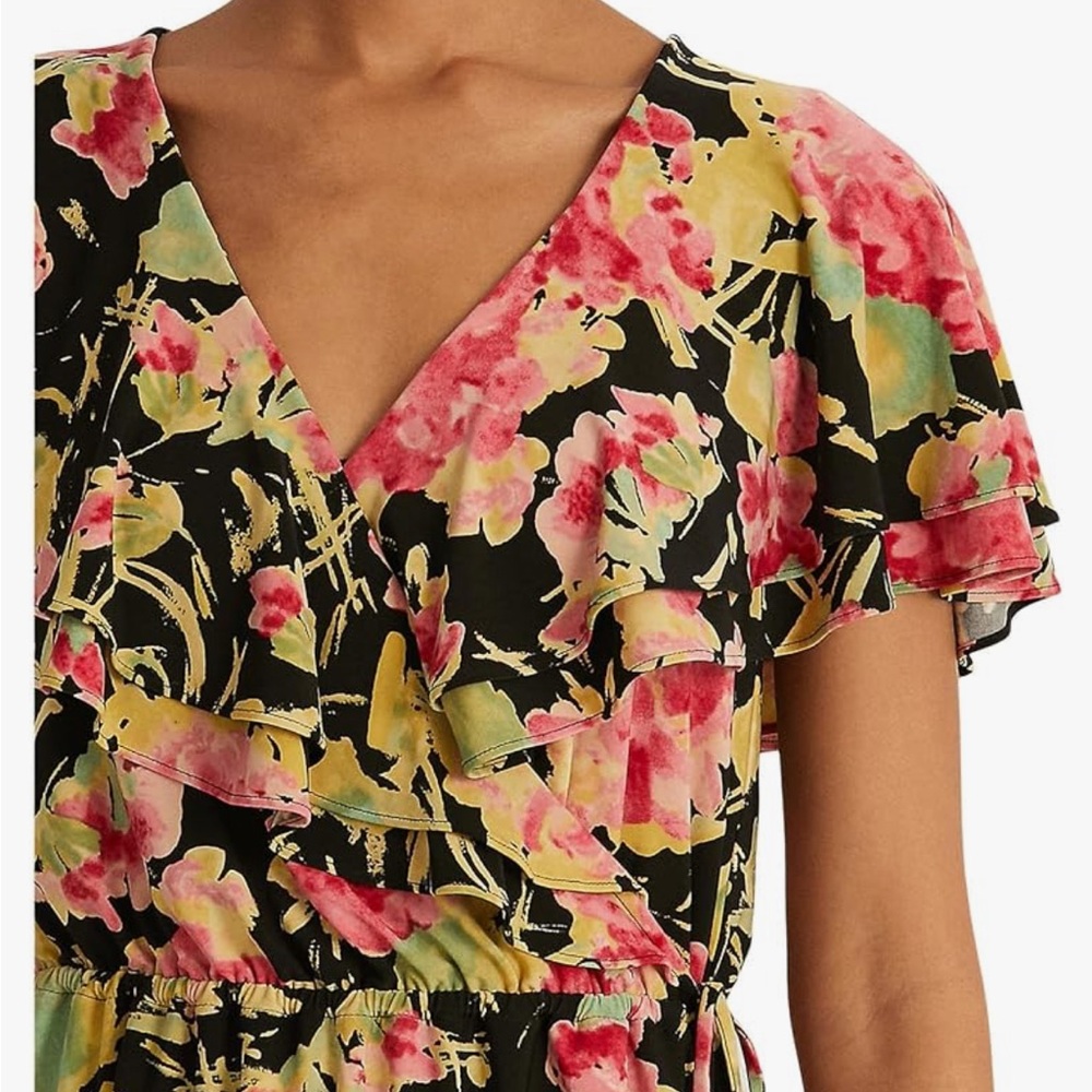 Lauren Ralph Lauren Floral Ruffle-Trim Surplice Jersey Top Size Petite XS - Picture 3 of 13